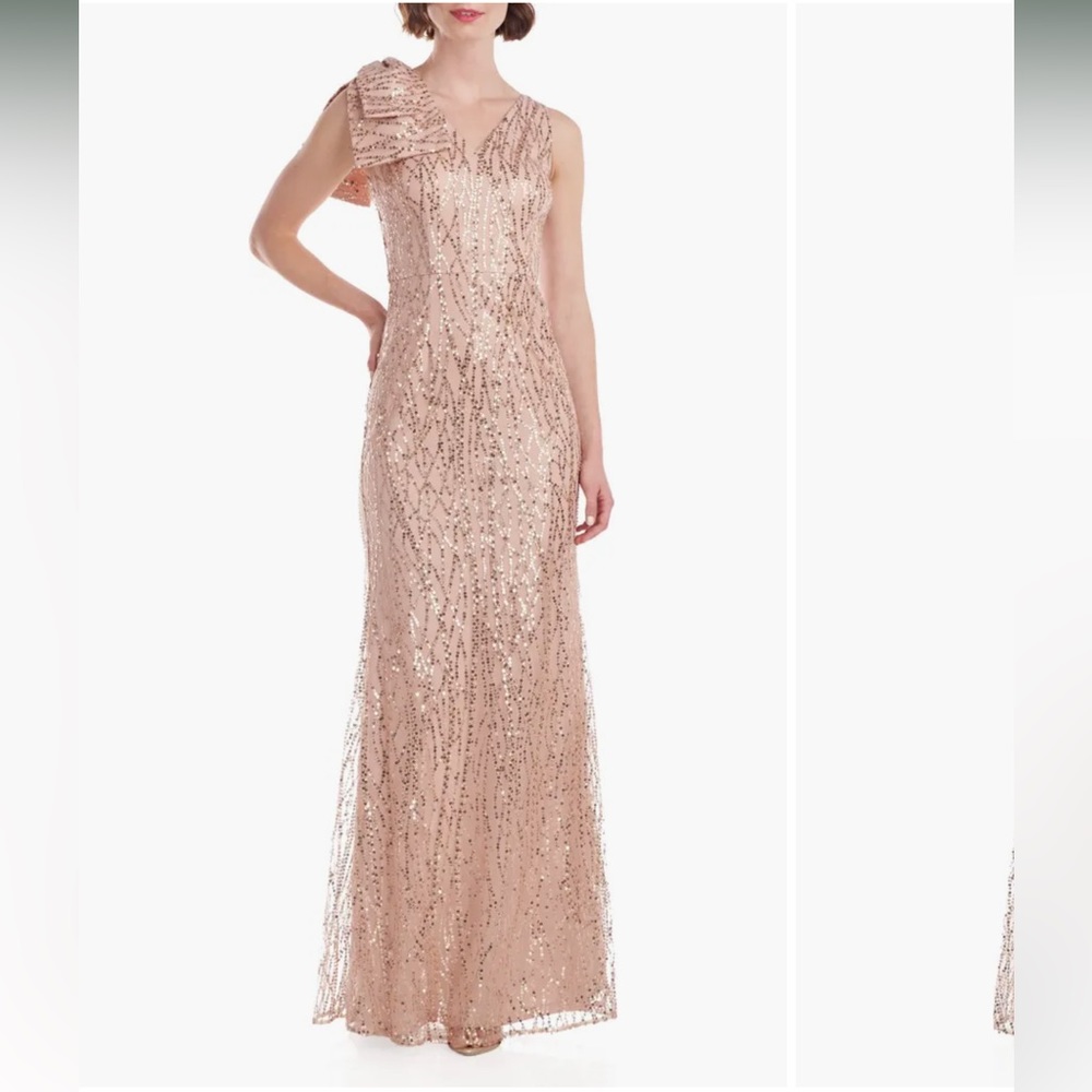 NWOT JS Collections drama bow sequin gown